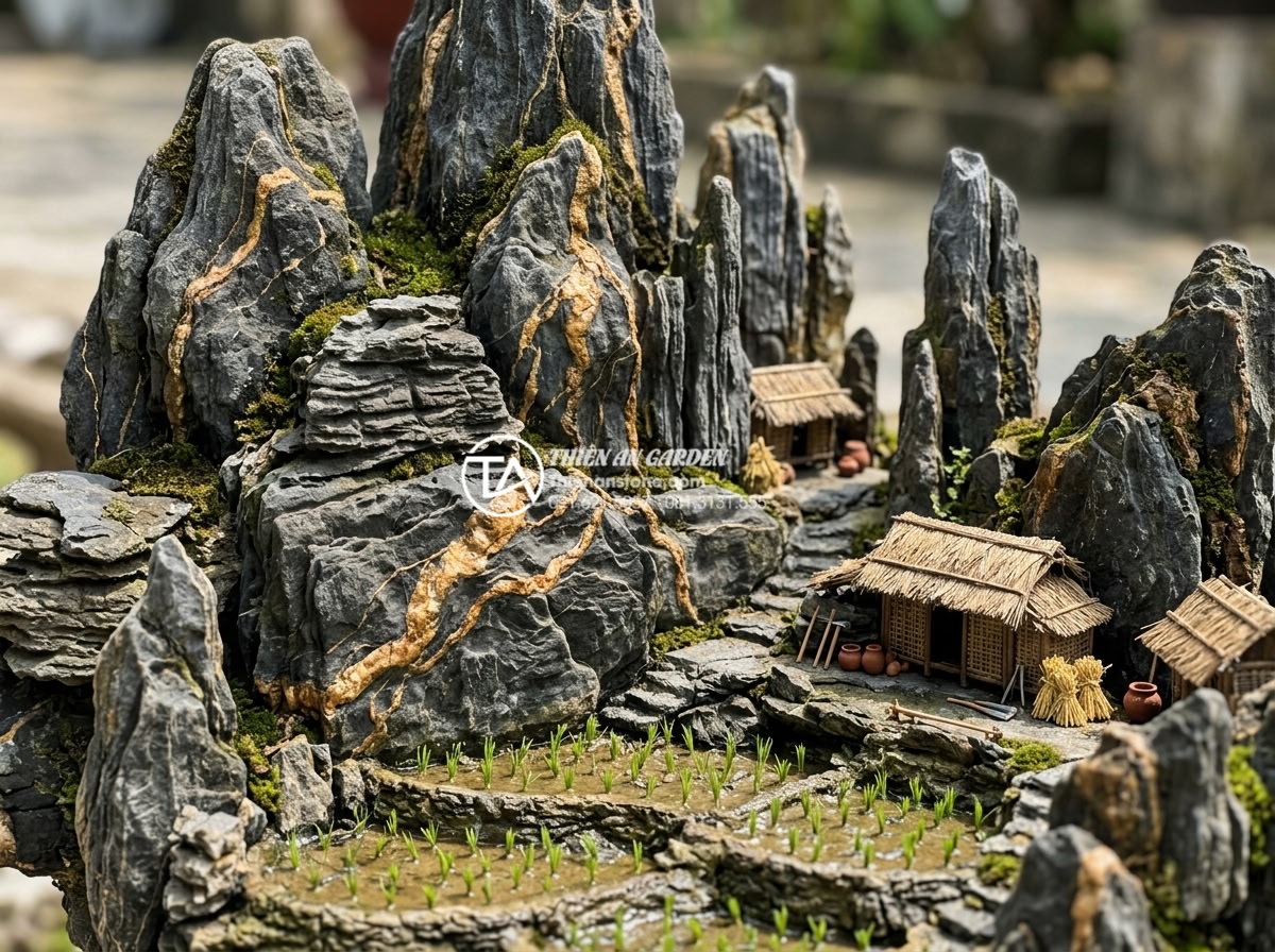 Nghệ thuật sắp đặt đá cổ thạch trong mô hình tiểu cảnh làng quê - Close-up view of ancient natural stones with weathered surfaces, moss patches, a