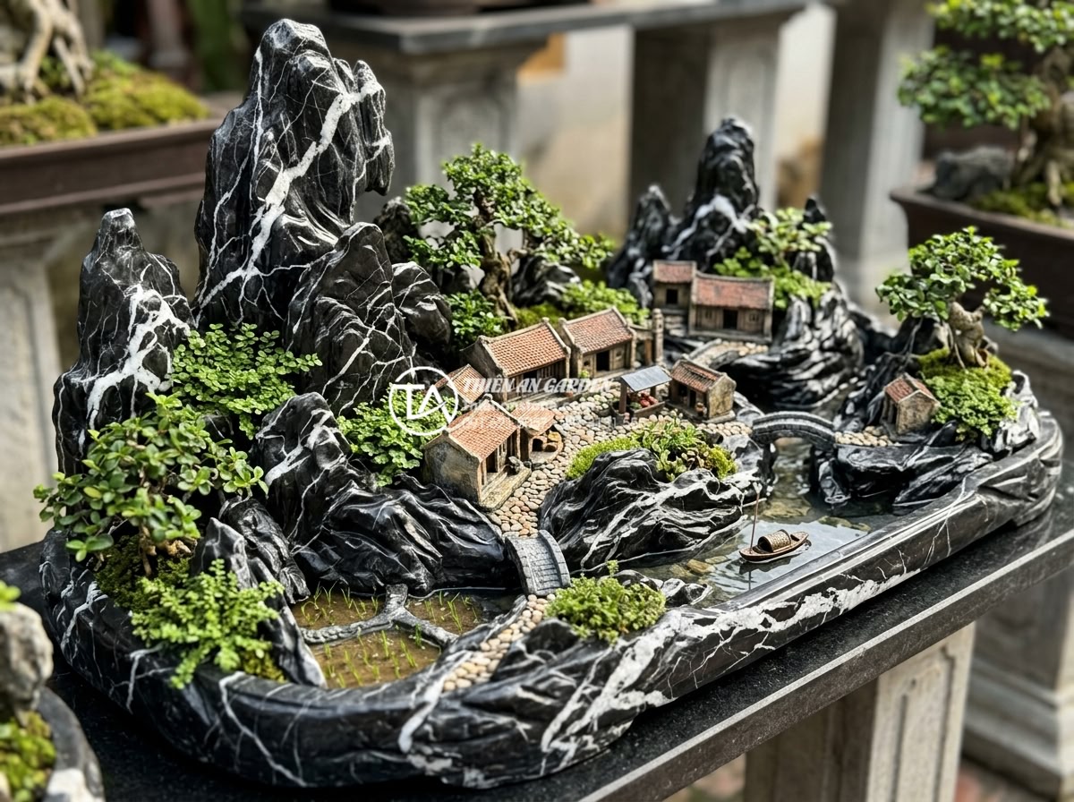 Nghệ thuật sắp đặt đá cổ thạch trong mô hình tiểu cảnh làng quê - Happy family enjoying a beautiful miniature rural village garden made with high 