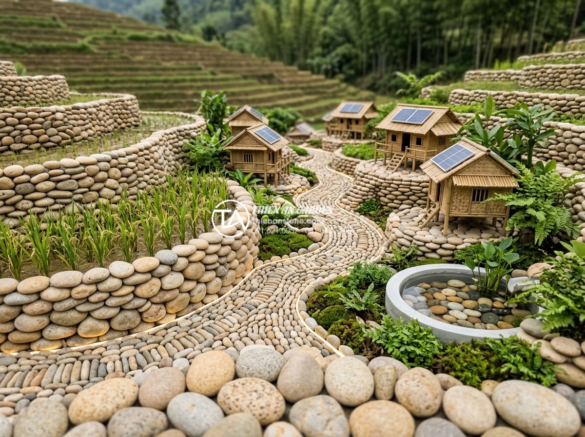 Nghệ thuật sắp đặt đá cổ thạch trong mô hình tiểu cảnh làng quê - Futuristic 2026 trends in stone art for miniature rural scenes with modern light