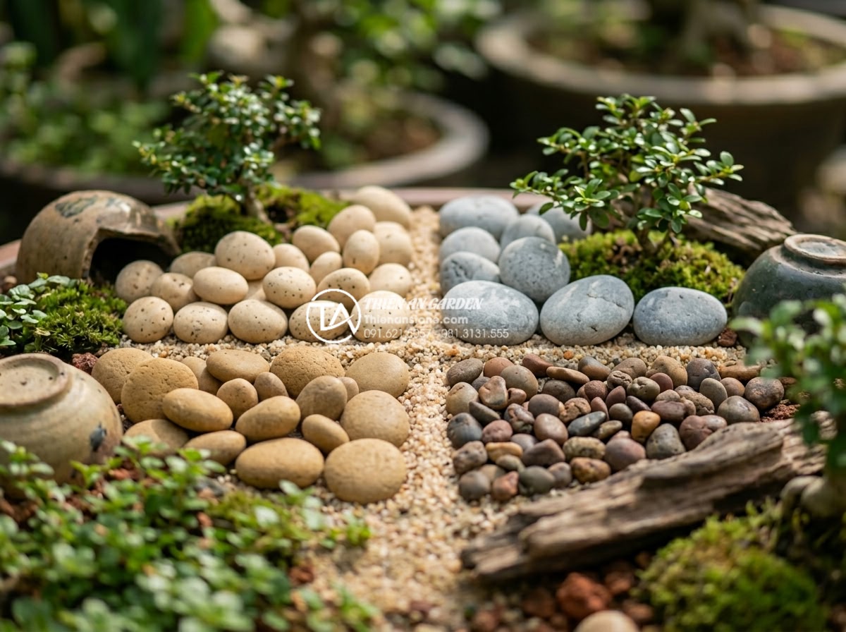 Nghệ thuật sắp đặt đá cổ thạch trong mô hình tiểu cảnh làng quê - Collection of different types of ancient natural stones including granite, sands