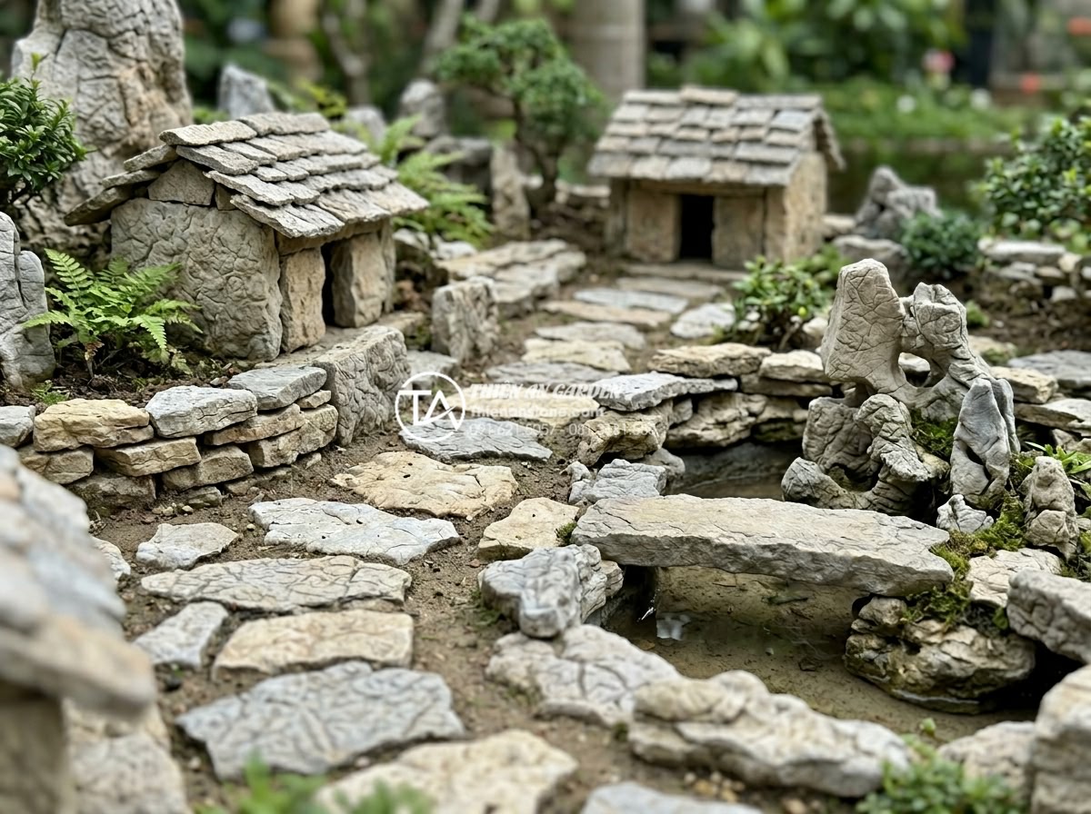 Nghệ thuật sắp đặt đá cổ thạch trong mô hình tiểu cảnh làng quê - Various ancient stones arranged in a sample miniature village scene highlighting