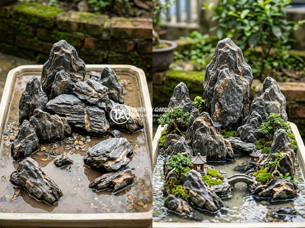 Nghệ thuật sắp đặt đá cổ thạch trong mô hình tiểu cảnh làng quê - Before and after comparison of properly arranged ancient stones in a countryside