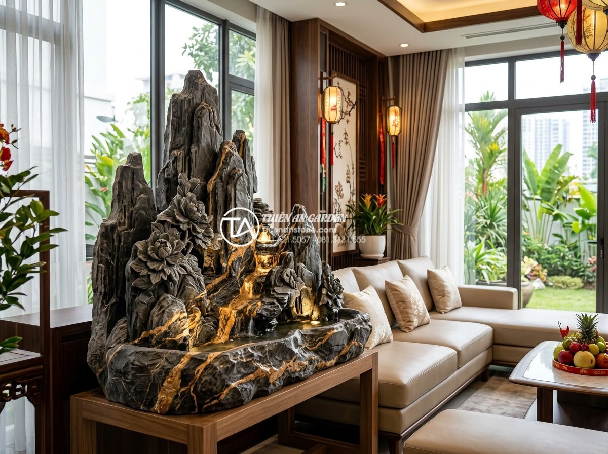 Nghệ thuật sắp đặt tiểu cảnh tết hoa đá và đá cảnh trang trí phòng khách - Professional high-resolution photograph of a luxurious modern living room featur