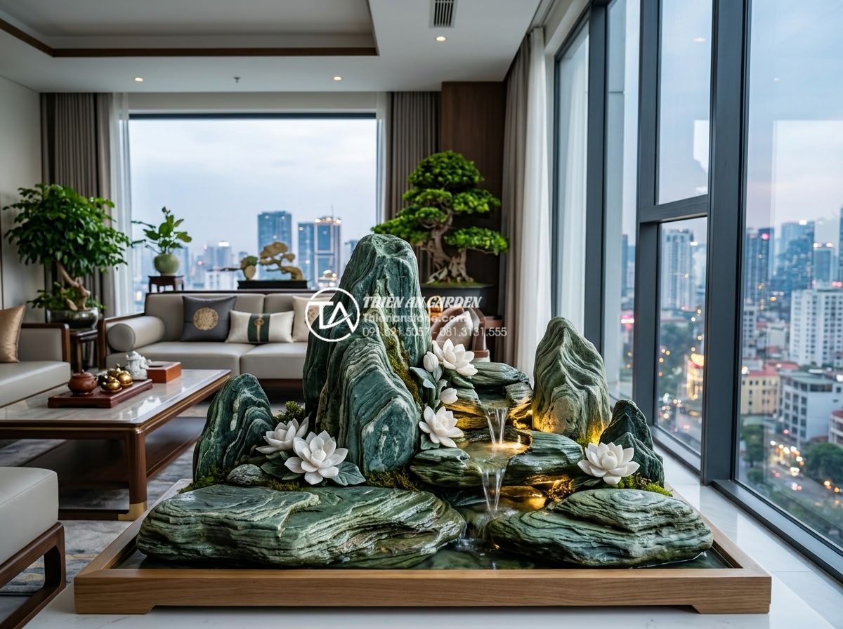Nghệ thuật sắp đặt tiểu cảnh tết hoa đá và đá cảnh trang trí phòng khách - Wide angle professional photograph of a spacious modern Vietnamese living room w
