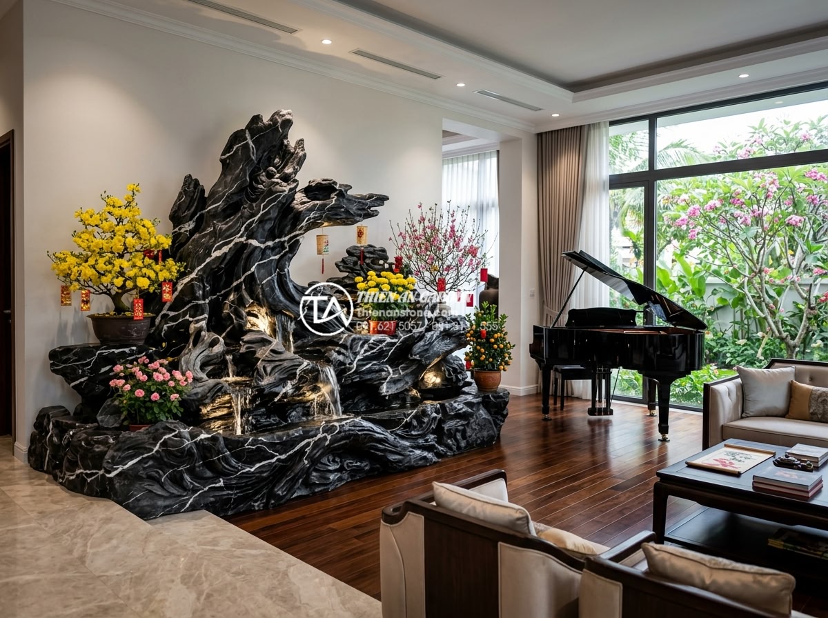 Nghệ thuật sắp đặt tiểu cảnh tết hoa đá và đá cảnh trang trí phòng khách - Stunning professional interior photograph of a high-end Vietnamese villa living 