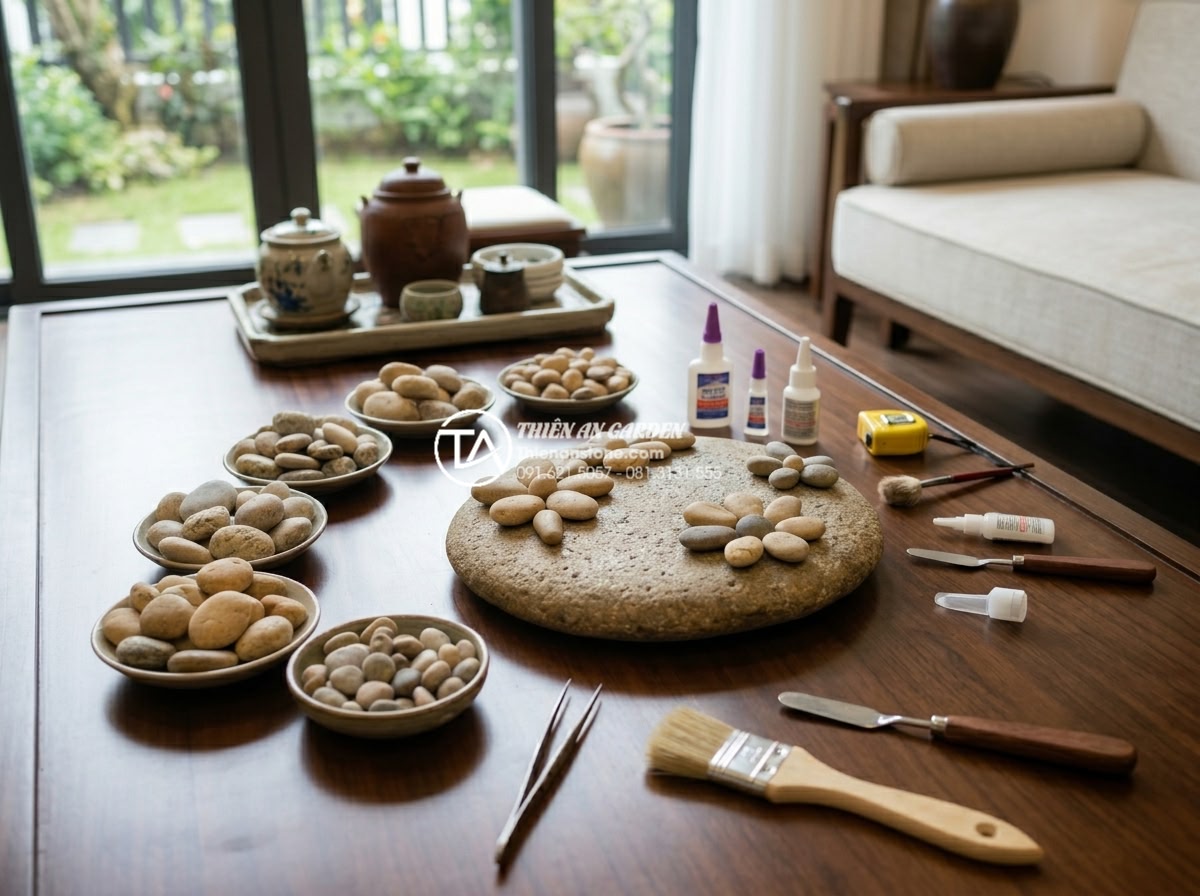 Nghệ thuật sắp đặt tiểu cảnh tết hoa đá và đá cảnh trang trí phòng khách - Step-by-step professional documentary style photograph showing the installation 