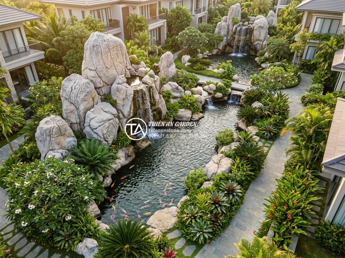 Nghệ thuật sắp đặt tiểu cảnh tết hoa đá và đá cảnh trang trí phòng khách - Aerial professional photograph of a luxury Vietnamese resort garden featuring mu