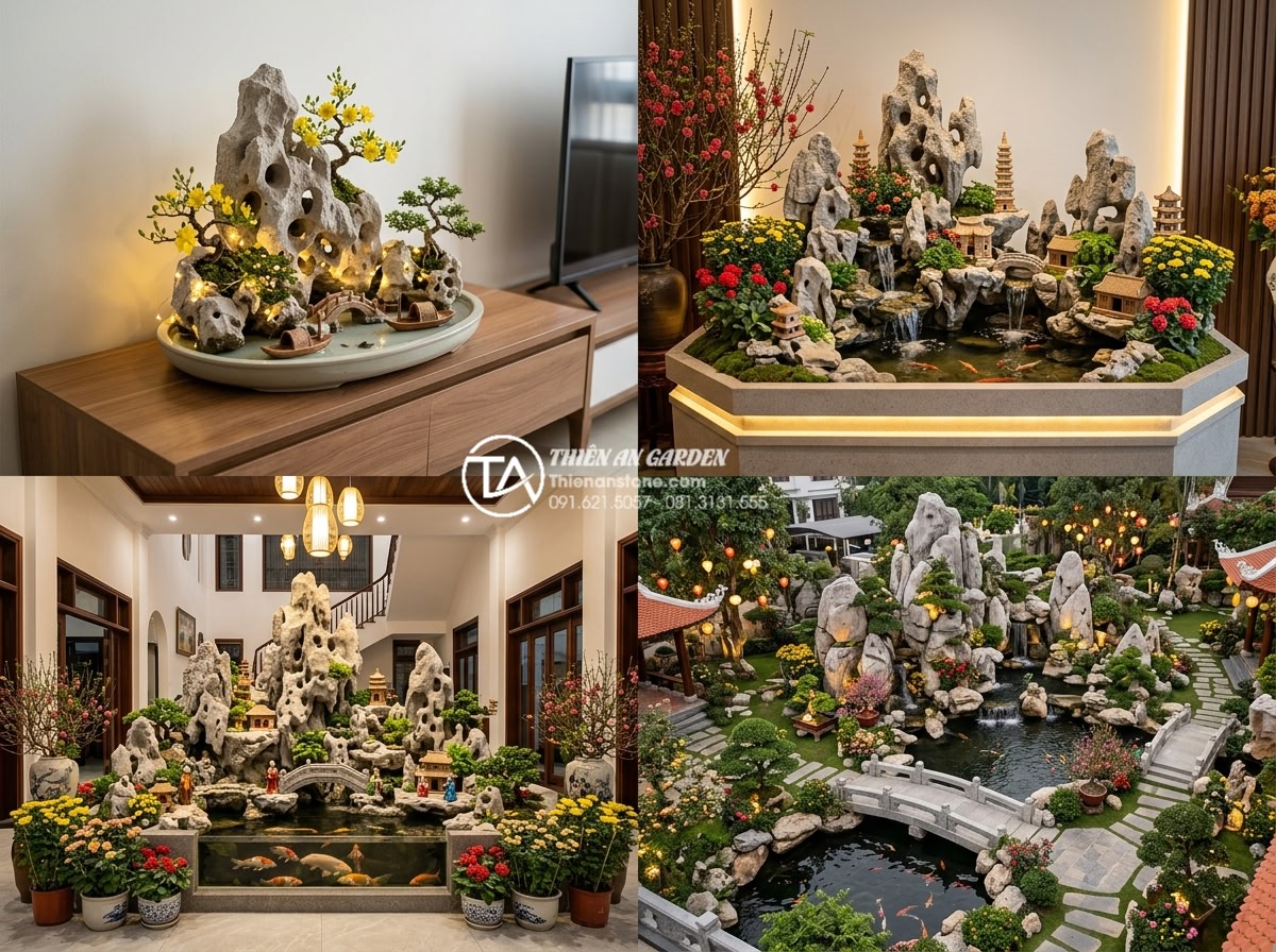 Nghệ thuật sắp đặt tiểu cảnh tết hoa đá và đá cảnh trang trí phòng khách - Collection of four high-resolution professional photographs showing different sc