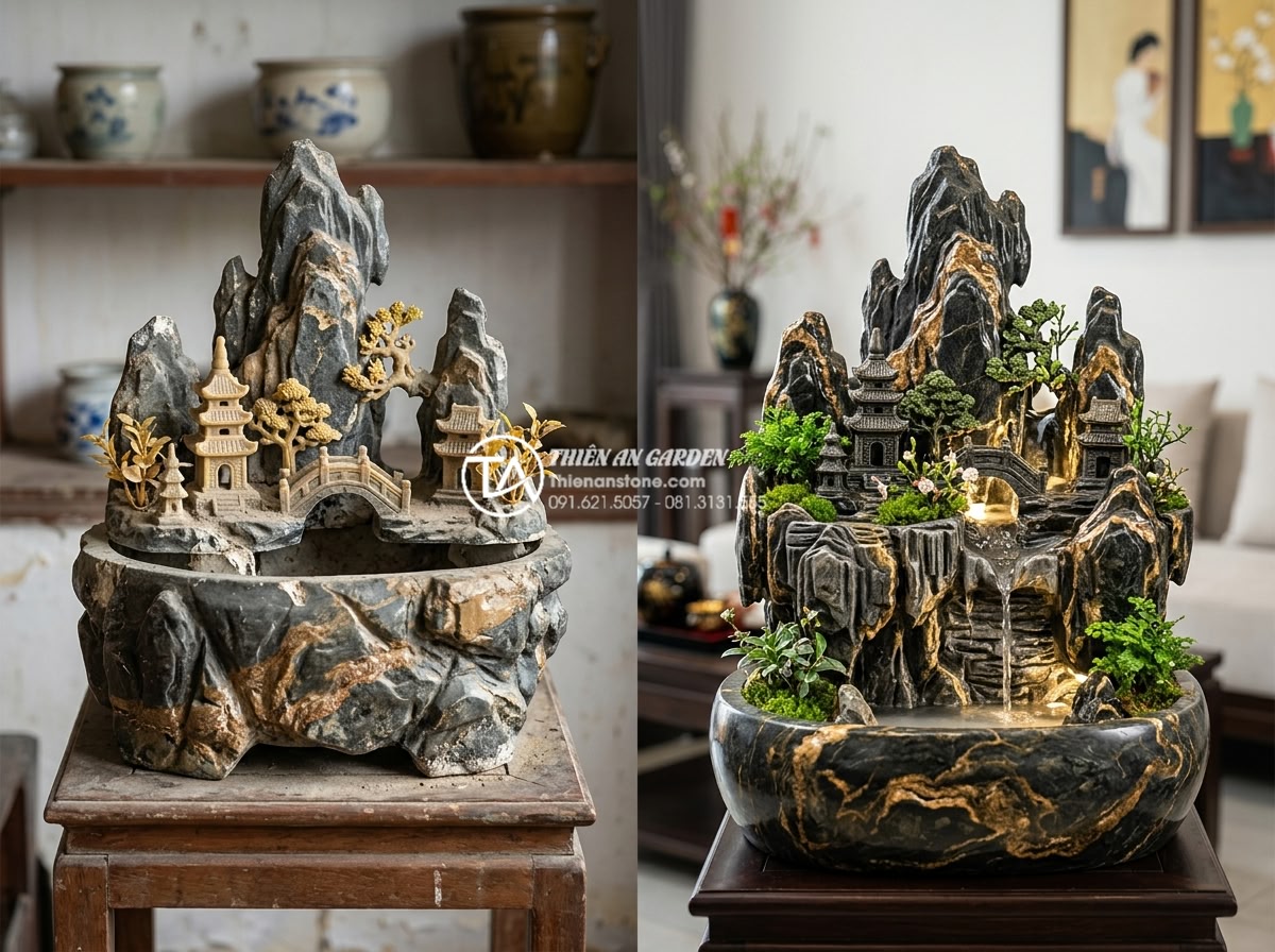 Nghệ thuật sắp đặt tiểu cảnh tết hoa đá và đá cảnh trang trí phòng khách - Before and after professional comparison photograph of a natural stone Tet minia