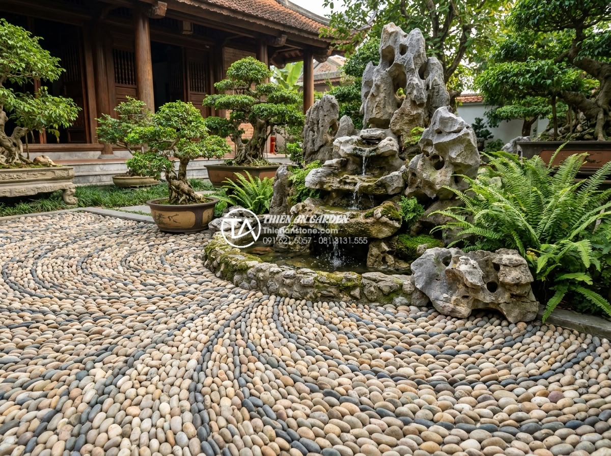 Nguyên tắc bố trí tiểu cảnh đá cuội theo phong thủy rước tài lộc - High-resolution realistic photograph of a beautiful Feng Shui pebble stone garde