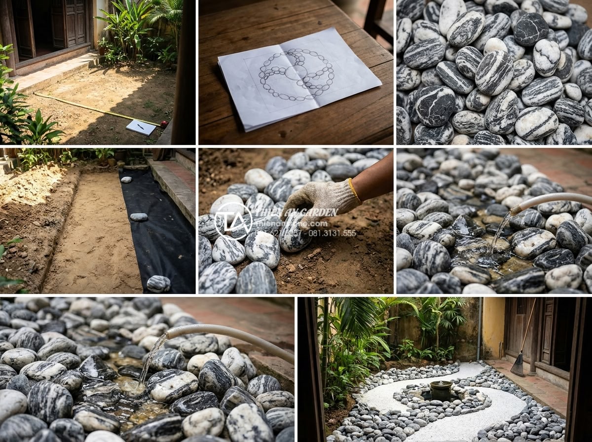 Nguyên tắc bố trí tiểu cảnh đá cuội theo phong thủy rước tài lộc - Step-by-step professional photography series showing the complete construction p