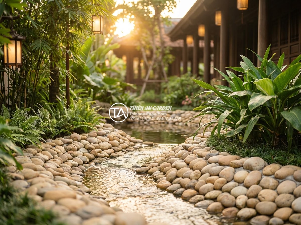 Nguyên tắc bố trí tiểu cảnh đá cuội theo phong thủy rước tài lộc - Warm and inviting final image of a stunning completed Feng Shui pebble stone lan
