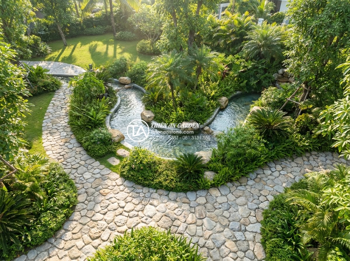 Nguyên tắc bố trí tiểu cảnh đá cuội theo phong thủy rước tài lộc - Aerial view realistic photo of a luxury villa garden showing optimal Feng Shui p