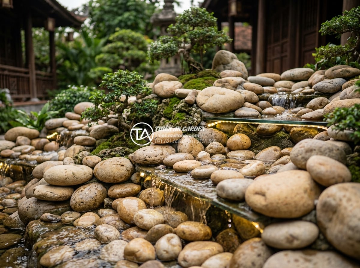 Phân biệt các dòng đá điêu khắc dùng trong tiểu cảnh mỹ nghệ - Basalt stone elements used in large-scale miniature landscape with water cascade