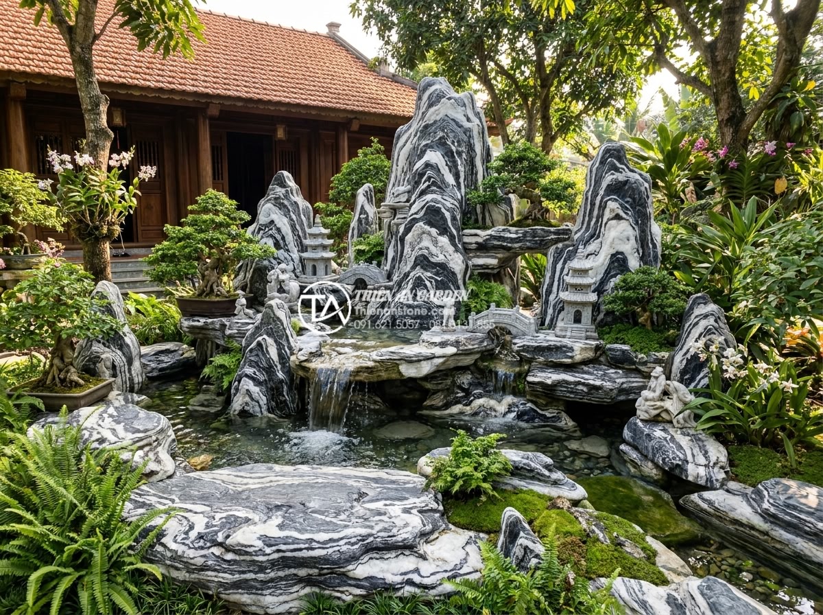Phân biệt các dòng đá điêu khắc dùng trong tiểu cảnh mỹ nghệ - Wide-angle professional shot of a completed miniature artistic rockery using var