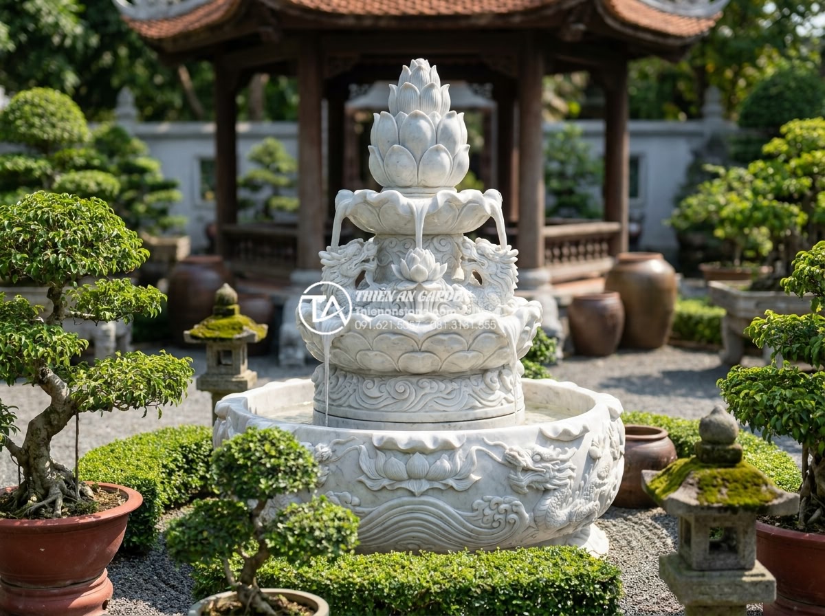 Phân biệt các dòng đá điêu khắc dùng trong tiểu cảnh mỹ nghệ - Elegant white marble carved fountain sculpture in a formal miniature garden land