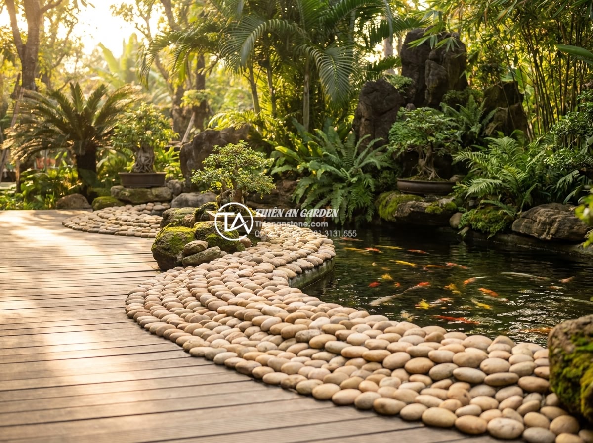 Phân biệt đá cuội suối, đá cuội biển và đá cuội đồi trong thi công - Professional high-resolution photograph of a beautifully landscaped Vietnamese g