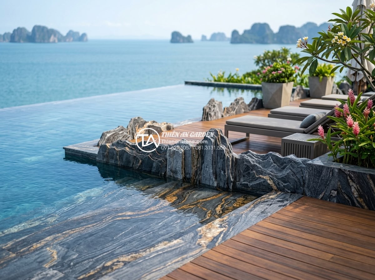 Phân biệt đá cuội suối, đá cuội biển và đá cuội đồi trong thi công - High-end resort infinity pool area decorated with sea pebbles: smooth flat sea p