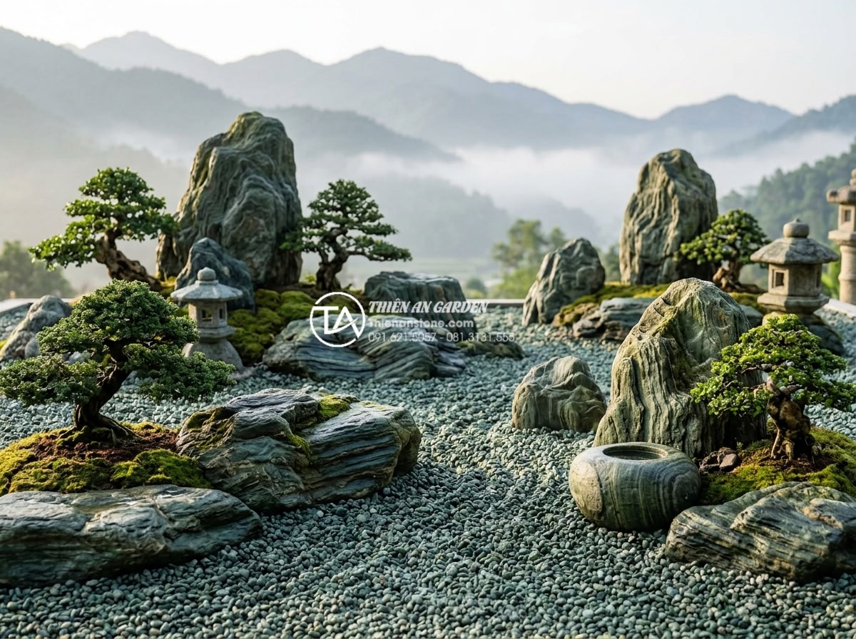 Phân biệt đá cuội suối, đá cuội biển và đá cuội đồi trong thi công - Artistic composition of a completed dry rock garden using hill pebbles: large ro