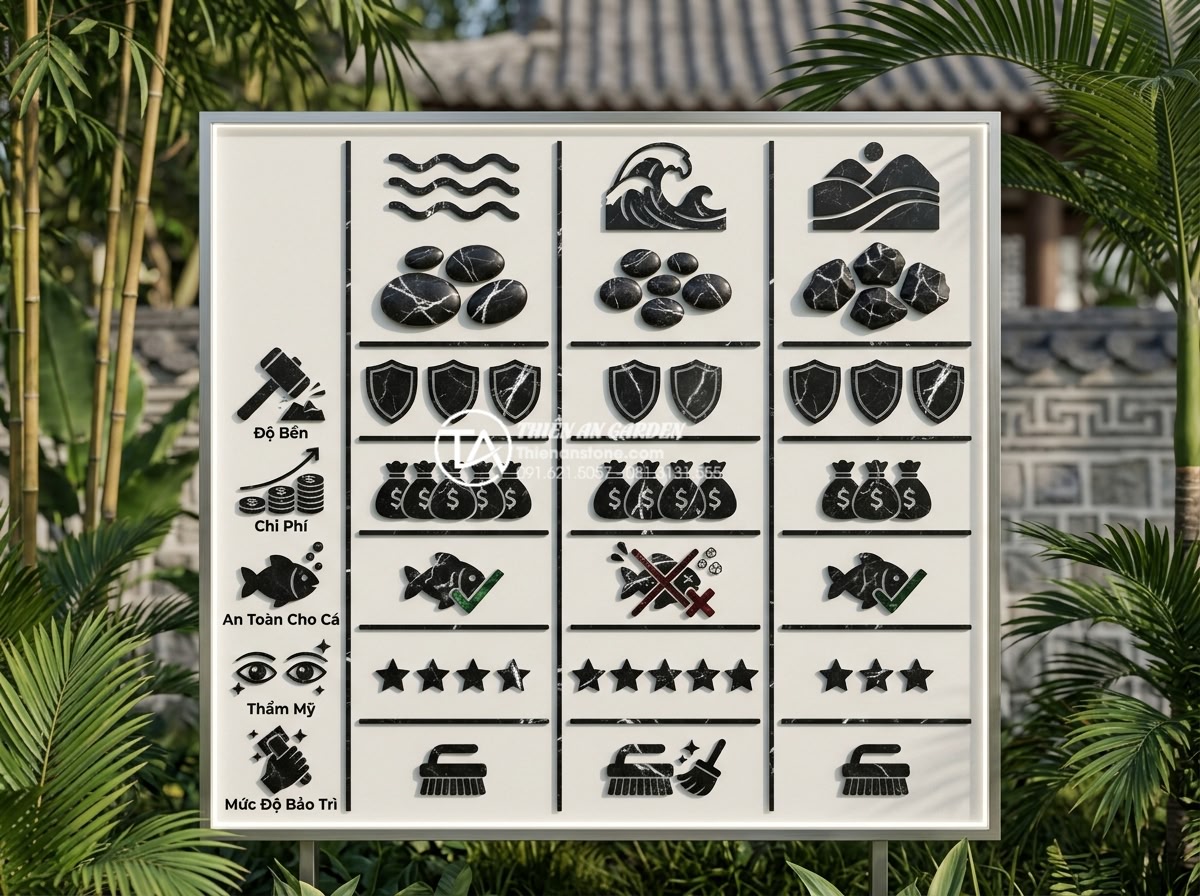 Phân biệt đá cuội suối, đá cuội biển và đá cuội đồi trong thi công - Informative comparison infographic style image showing pros and cons icons for r
