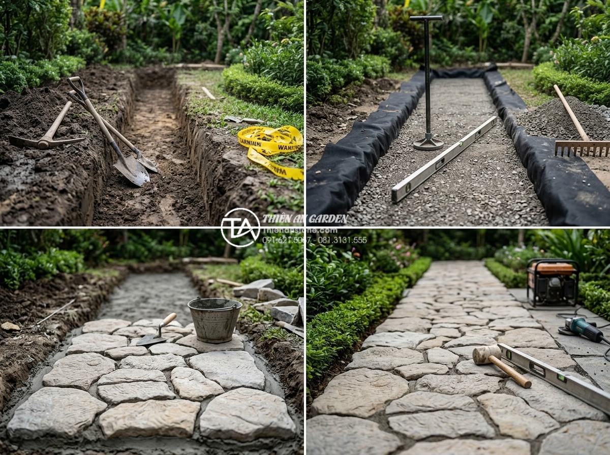 Phân biệt đá cuội suối, đá cuội biển và đá cuội đồi trong thi công - Step-by-step construction guide image showing workers from Đá Cảnh Thiên An inst