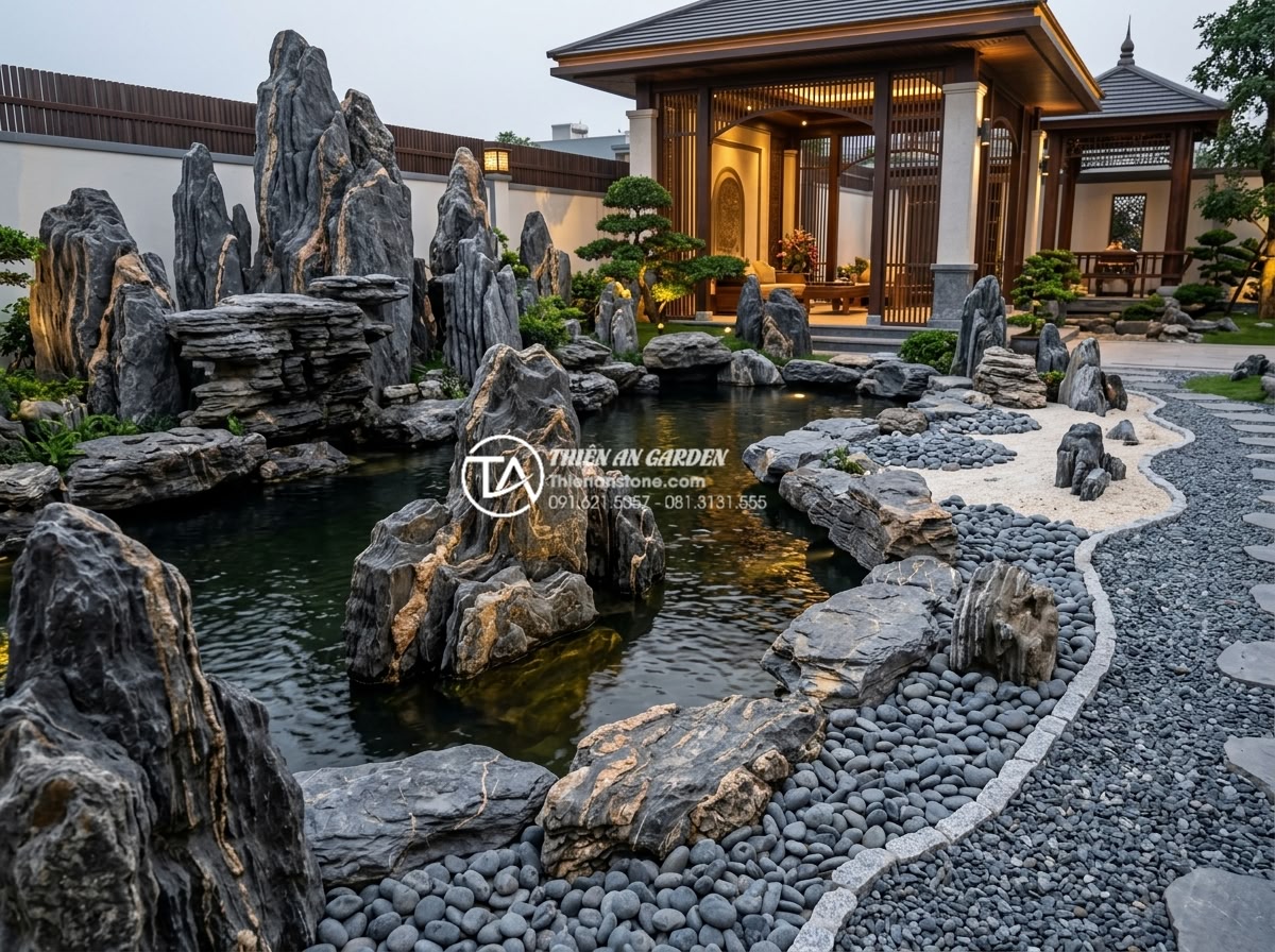 Phân biệt đá cuội suối, đá cuội biển và đá cuội đồi trong thi công - Final professional wide shot of a stunning completed luxury garden project by Đá