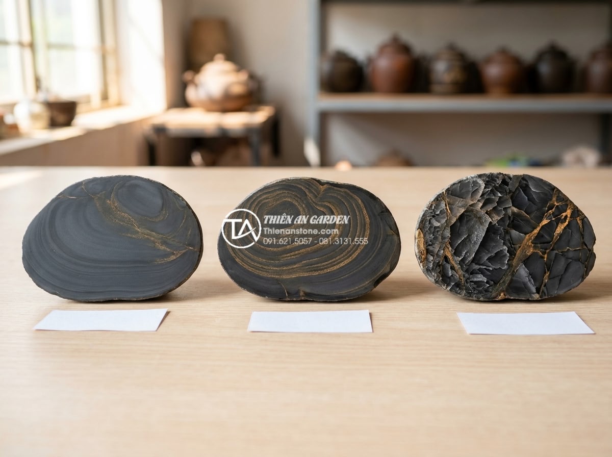 Phân biệt đá cuội suối, đá cuội biển và đá cuội đồi trong thi công - Studio comparison photograph of polished cross-sections of three pebble types un