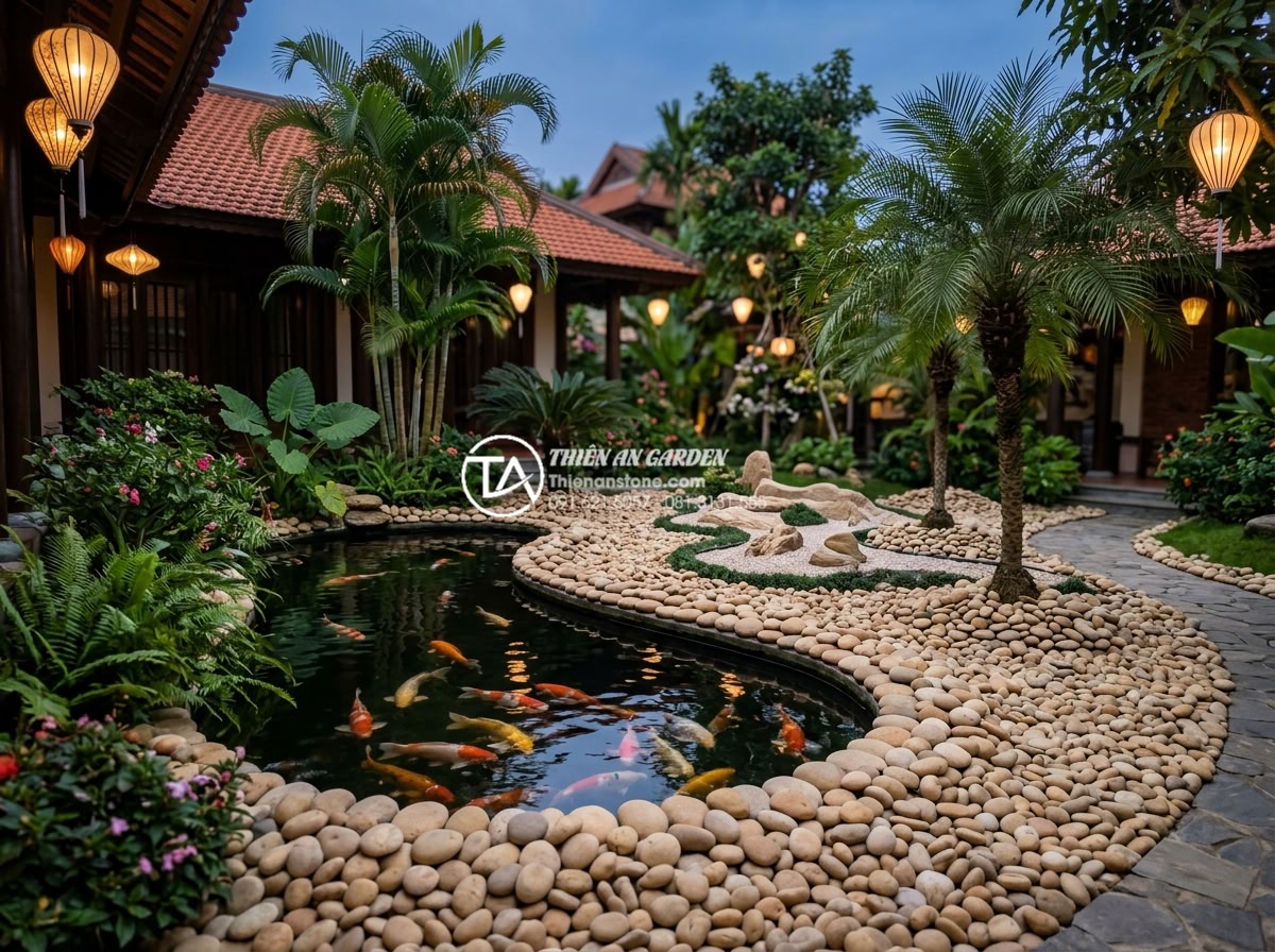 Phân biệt đá cuội suối, đá cuội biển và đá cuội đồi trong thi công - Beautiful completed landscape project photo showing a luxury Vietnamese villa ga