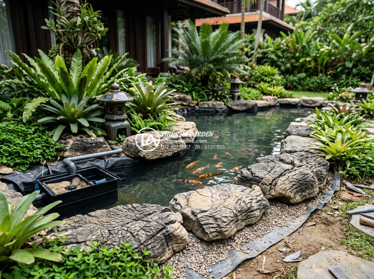 Phân biệt đá cuội suối, đá cuội biển và đá cuội đồi trong thi công - Detailed photo of a professional Koi pond construction in progress using river p