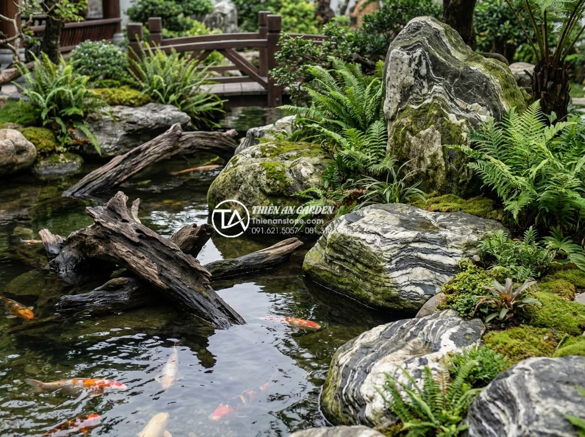 Phân loại gỗ lũa: Lũa chìm, lũa nổi và cách ứng dụng hiệu quả - Hình 11 Phân loại gỗ lũa: Lũa chìm, lũa nổi và cách ứng dụng hiệu quả - Beautiful application of sinking driftwood in a large garden rockery with koi po
