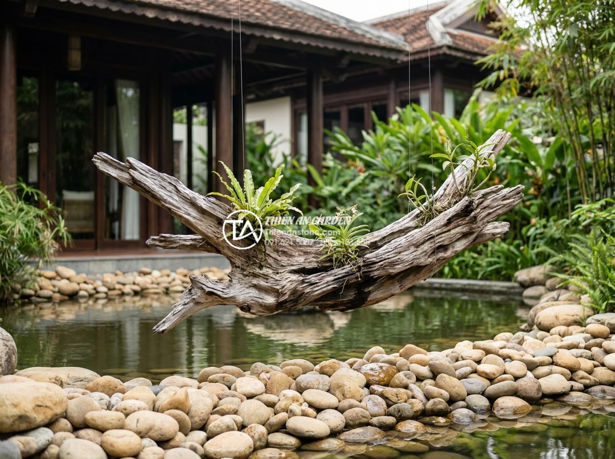 Phân loại gỗ lũa: Lũa chìm, lũa nổi và cách ứng dụng hiệu quả - Hình 14 Phân loại gỗ lũa: Lũa chìm, lũa nổi và cách ứng dụng hiệu quả - Elegant floating driftwood decoration in luxury villa garden with stone elements