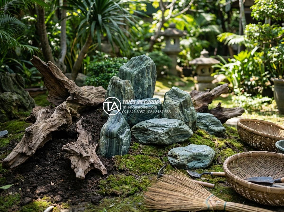 Phân loại gỗ lũa: Lũa chìm, lũa nổi và cách ứng dụng hiệu quả - Hình 19 Phân loại gỗ lũa: Lũa chìm, lũa nổi và cách ứng dụng hiệu quả - Expert team at work selecting and arranging driftwood for high end garden projec