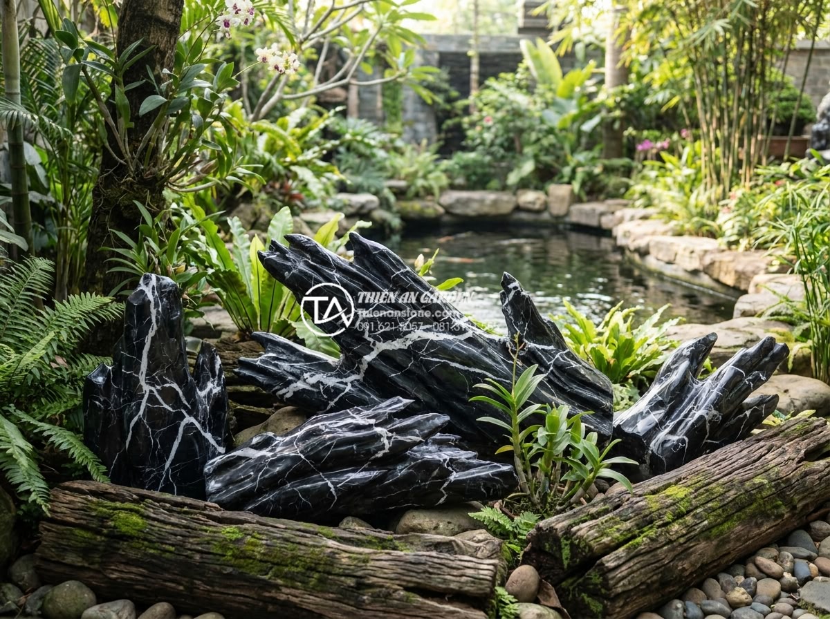 Phân loại gỗ lũa: Lũa chìm, lũa nổi và cách ứng dụng hiệu quả - Hình 20 Phân loại gỗ lũa: Lũa chìm, lũa nổi và cách ứng dụng hiệu quả - Final luxurious garden scene featuring properly classified and applied driftwood