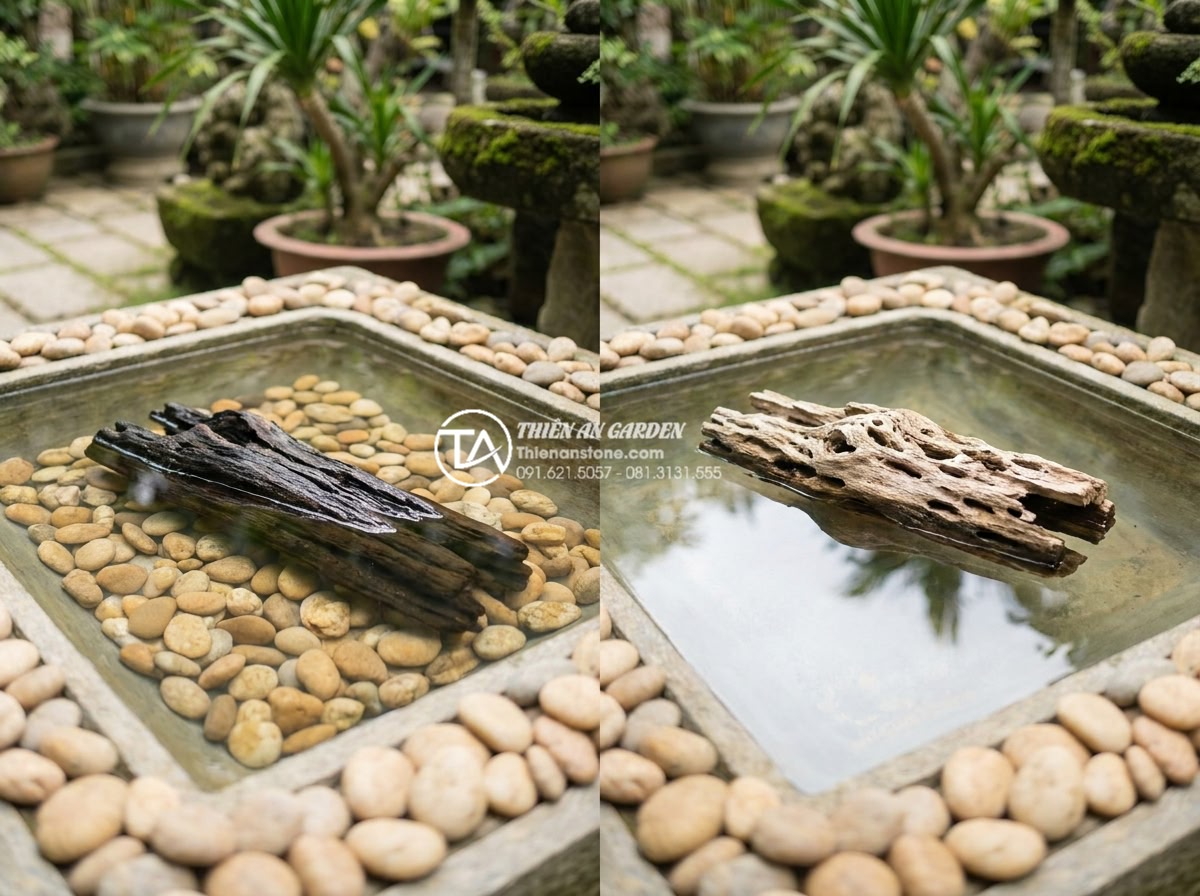 Phân loại gỗ lũa: Lũa chìm, lũa nổi và cách ứng dụng hiệu quả - Hình 7 Phân loại gỗ lũa: Lũa chìm, lũa nổi và cách ứng dụng hiệu quả - Side by side comparison photo of sinking driftwood and floating driftwood, label