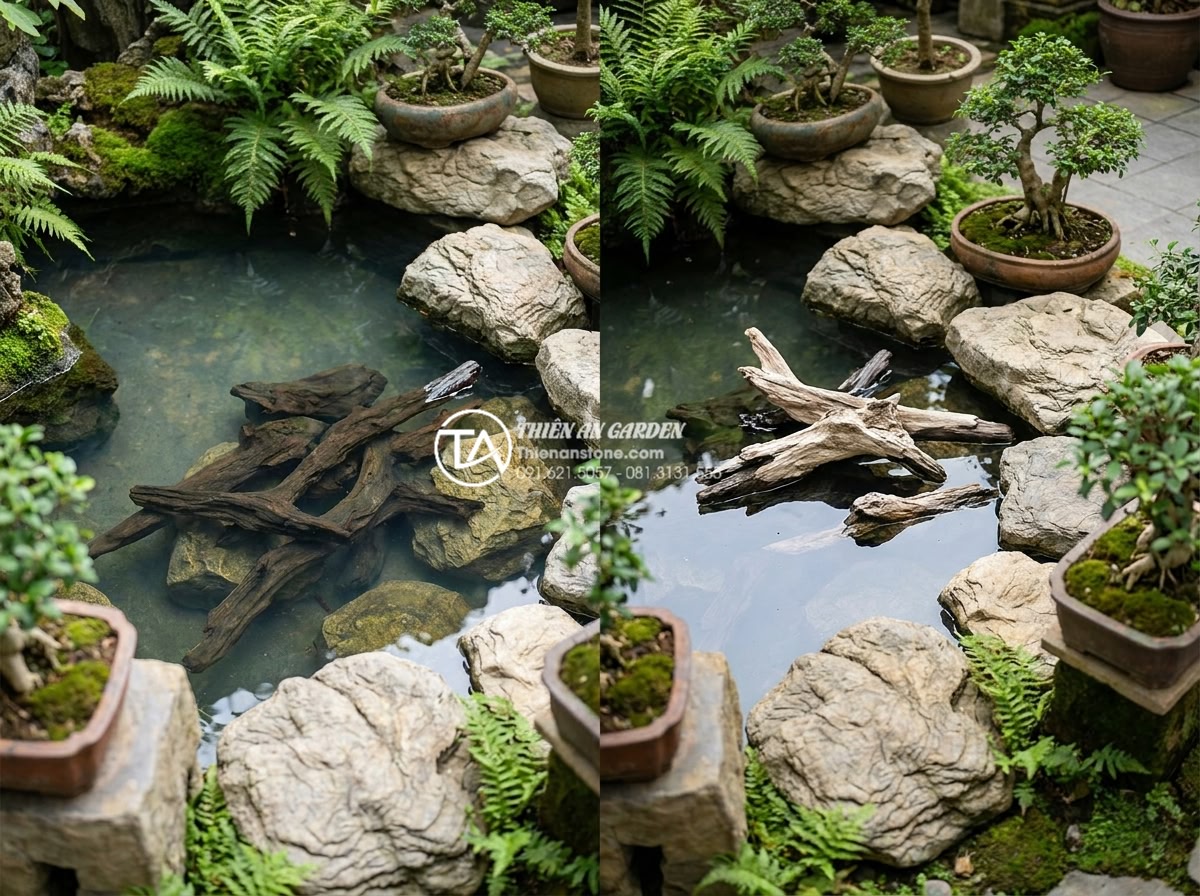 Phân loại gỗ lũa: Lũa chìm, lũa nổi và cách ứng dụng hiệu quả - Hình 8 Phân loại gỗ lũa: Lũa chìm, lũa nổi và cách ứng dụng hiệu quả - Infographic style image comparing sinking and floating driftwood in garden desig