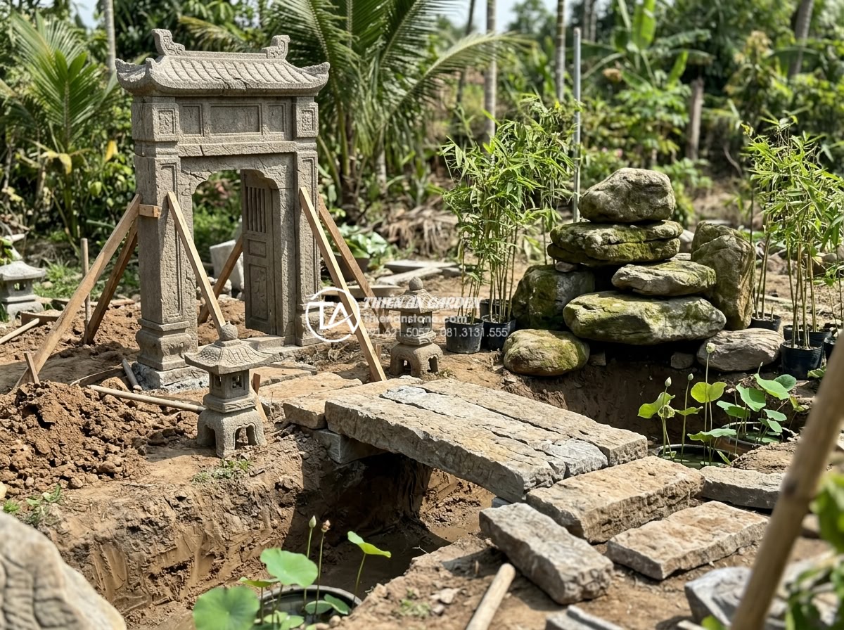 Quy trình 5 bước thi công tiểu cảnh làng quê chuyên nghiệp từ chuyên gia - Hình 6 Quy trình 5 bước thi công tiểu cảnh làng quê chuyên nghiệp từ chuyên gia - Professional on-site photograph capturing the installation phase of a Vietnamese