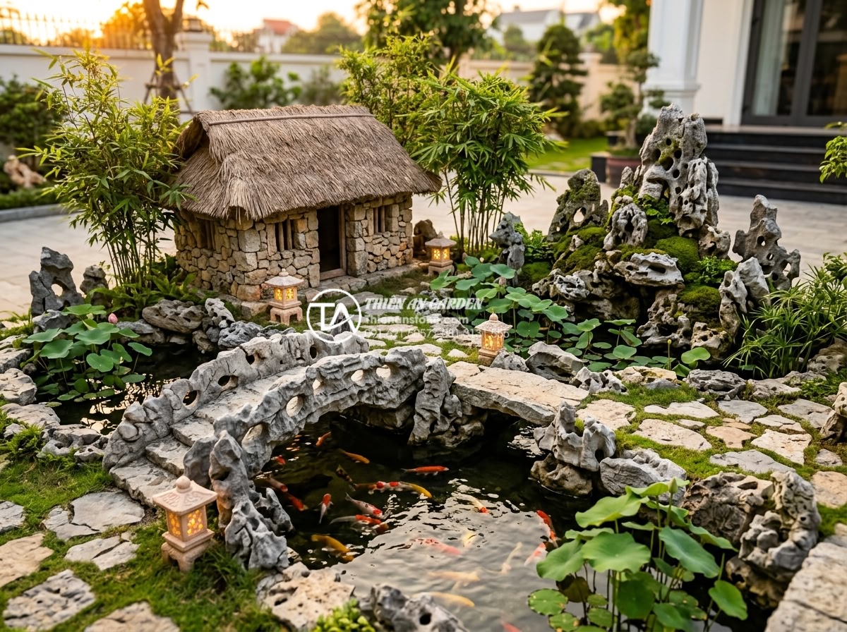 Quy trình 5 bước thi công tiểu cảnh làng quê chuyên nghiệp từ chuyên gia - Hình 7 Quy trình 5 bước thi công tiểu cảnh làng quê chuyên nghiệp từ chuyên gia - Final professional photograph of a completed Vietnamese rural village miniature
