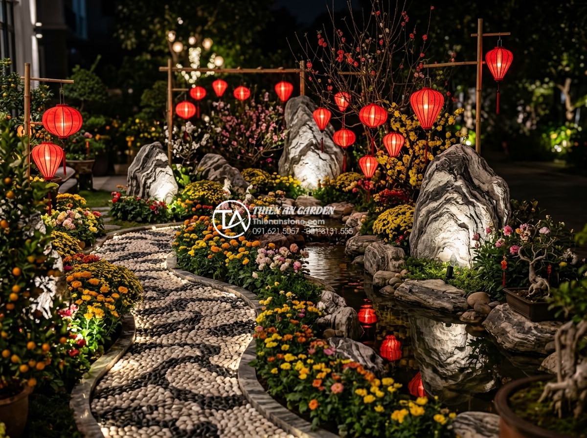 Review các địa chỉ bán đá cuội và đá cảnh làm tiểu cảnh tết uy tín - Elegant closing image of a perfectly finished Vietnamese Tet mini landscape at n