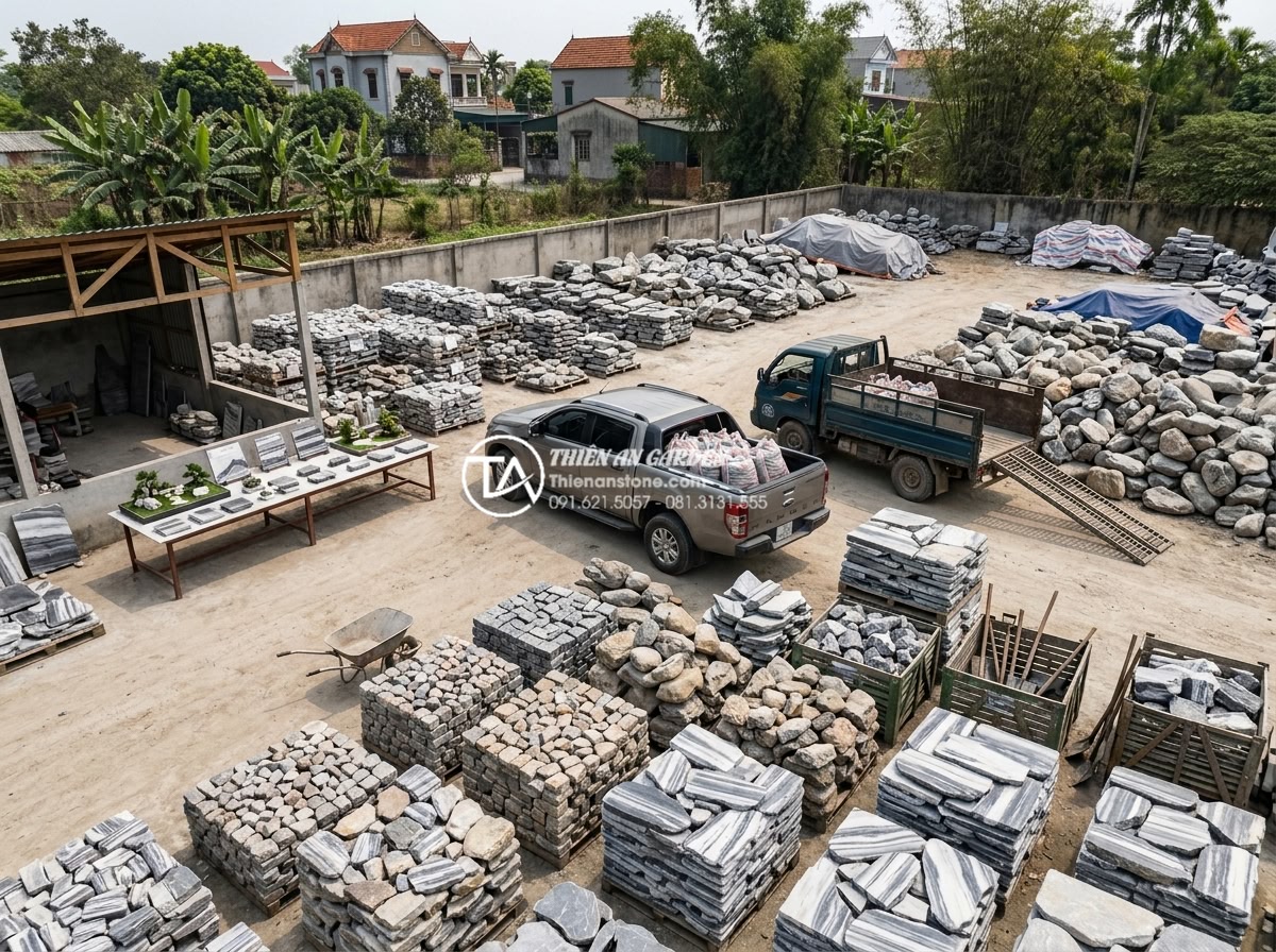 Review các địa chỉ bán đá cuội và đá cảnh làm tiểu cảnh tết uy tín - Wide angle shot of a reputable stone supplier yard in Hanoi outskirts with organ