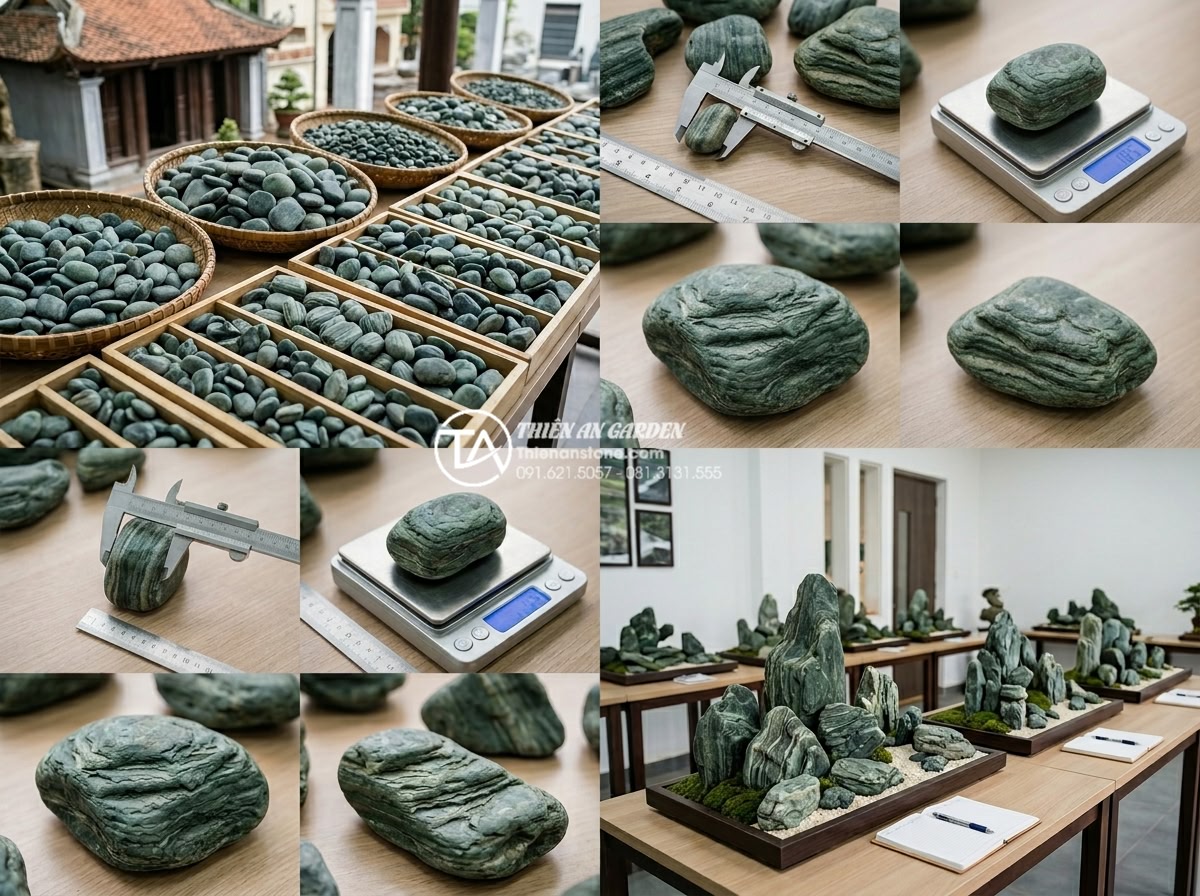 Review các địa chỉ bán đá cuội và đá cảnh làm tiểu cảnh tết uy tín - Clean professional comparison infographic style image showing natural stone qual