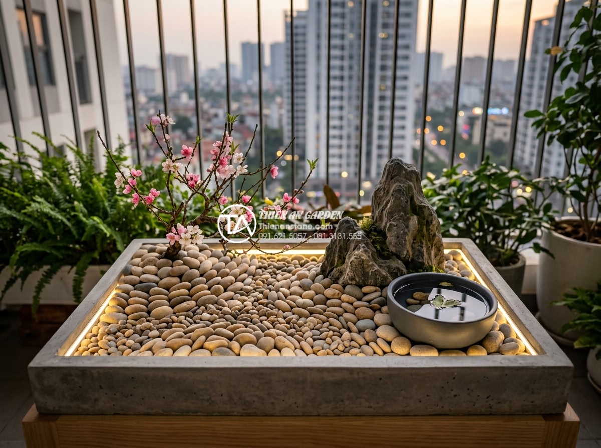 Review các địa chỉ bán đá cuội và đá cảnh làm tiểu cảnh tết uy tín - Modern minimalist Tet mini landscape design 2026 featuring clean white and grey 