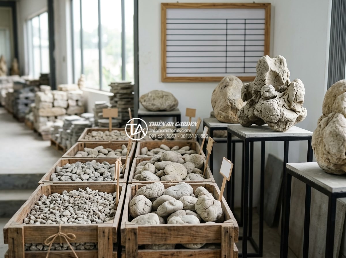 Review các địa chỉ bán đá cuội và đá cảnh làm tiểu cảnh tết uy tín - High quality product photography of sorted natural stone inventory with price ta
