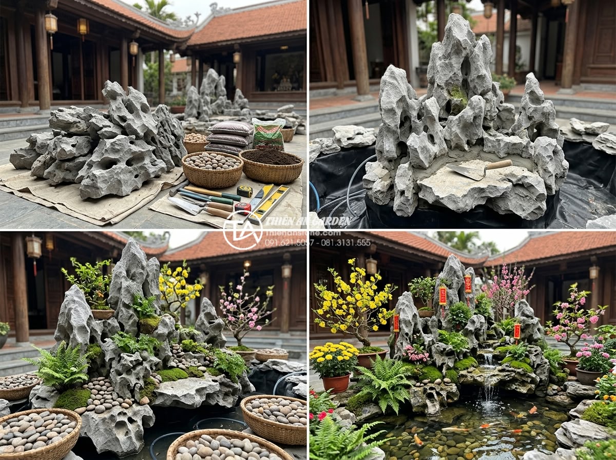 Review các địa chỉ bán đá cuội và đá cảnh làm tiểu cảnh tết uy tín - Team of professional landscapers from a trusted Vietnamese stone company install