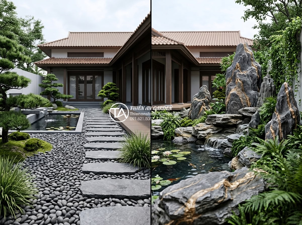 So sánh tiểu cảnh đá cuội và tiểu cảnh đá mồ côi: Điểm khác biệt - Professional 3D rendering comparison of two garden design options for the same V