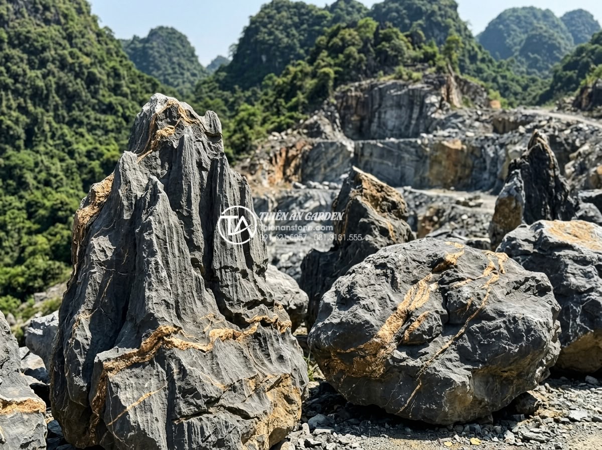 So sánh tiểu cảnh đá cuội và tiểu cảnh đá mồ côi: Điểm khác biệt - Dramatic landscape photograph of a mountain quarry in northern Vietnam extractin