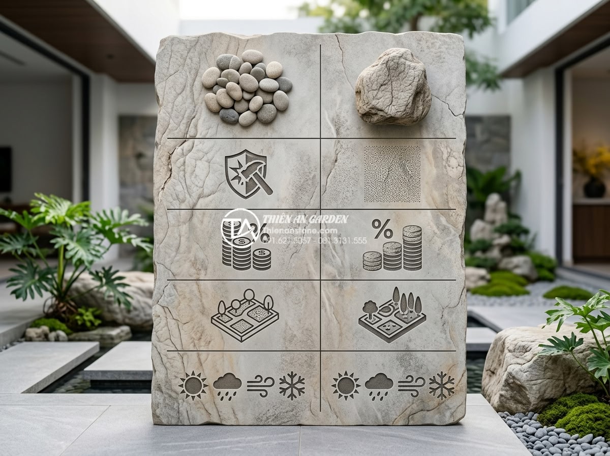 So sánh tiểu cảnh đá cuội và tiểu cảnh đá mồ côi: Điểm khác biệt - Clean professional comparison infographic table image showing side by side diffe