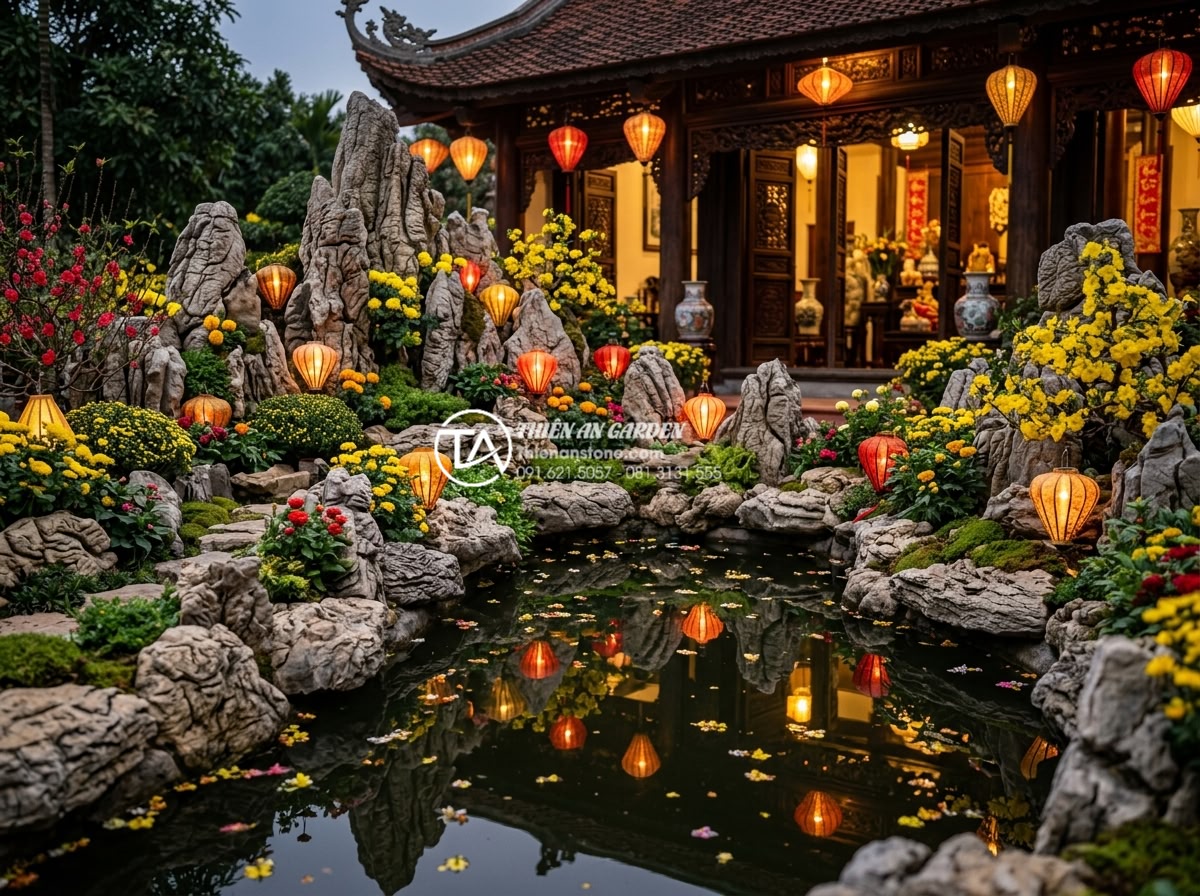 So sánh tiểu cảnh hoa tết đá tự nhiên và đá nhân tạo: Lựa chọn nào tối ưu? - Beautiful final hero shot of a stunning completed natural stone Tet flower mini 