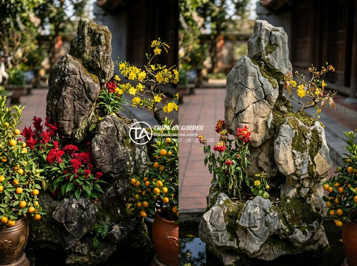 So sánh tiểu cảnh hoa tết đá tự nhiên và đá nhân tạo: Lựa chọn nào tối ưu? - Side-by-side comparison photograph showing a 15-year-old natural stone Tet flowe