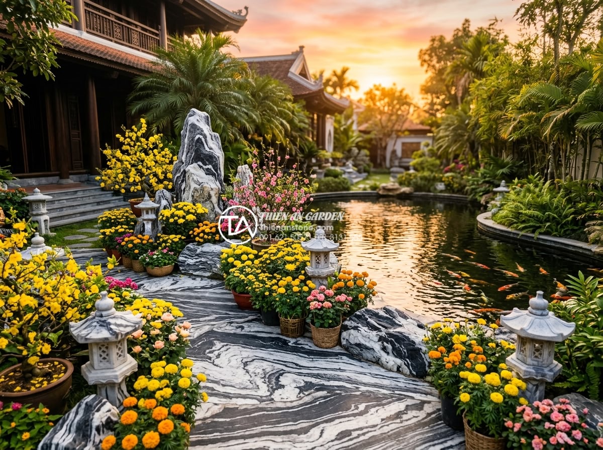 So sánh tiểu cảnh hoa tết đá tự nhiên và đá nhân tạo: Lựa chọn nào tối ưu? - Elegant outdoor villa garden featuring a large natural stone Tet flower scene wi