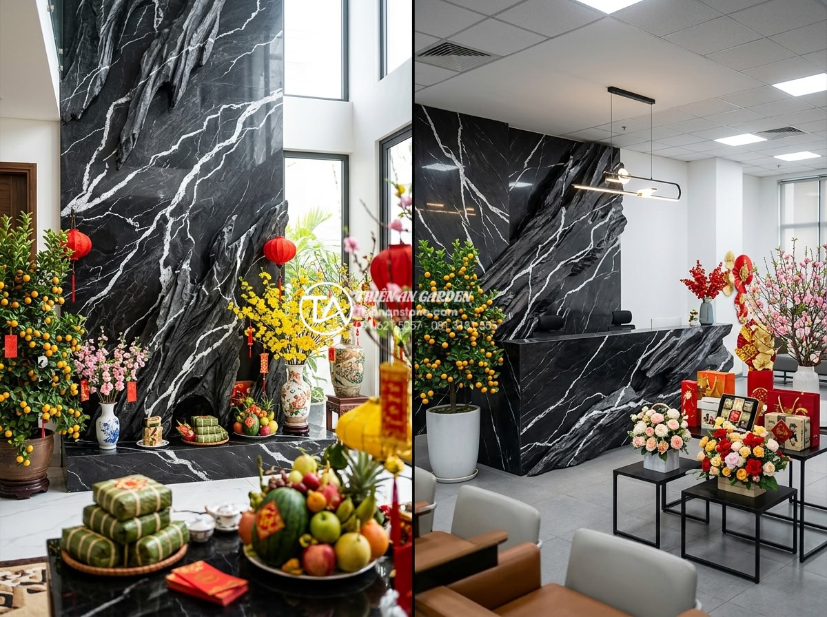 So sánh tiểu cảnh hoa tết đá tự nhiên và đá nhân tạo: Lựa chọn nào tối ưu? - Split image showing luxury villa with natural stone Tet scene on left and modern